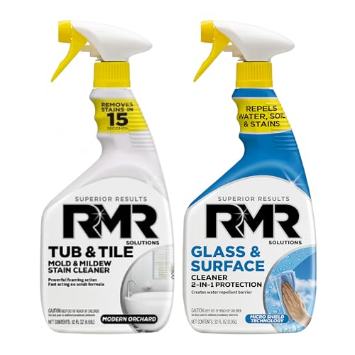 RMR Flawless Finish Bathroom Bundle Tub & Tile Cleaner + Glass & Surface Cleaner Plus Repellent 2-Step System for Shower Tub Tile Grout Glass Doors & Mirrors 232 Oz Bottles
