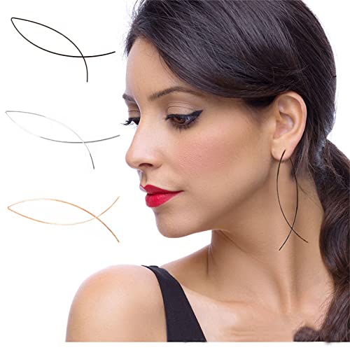 MALOYANVE 3 Pairs Modern Metallic Arc Bar Pull Through Threader Earrings Minimalist Silver Gold Black Simple Lightweight Curved Ribbon Vertical Drop Fish Hoop Dangles Arc Threader Earrings2