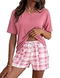 Bresdk Pigiama Donna Estivo Corto Top Maniche Corte Henley + Pantaloncini a Quadri Morbido per Dormire e Loungewear Casa, Rosa, S