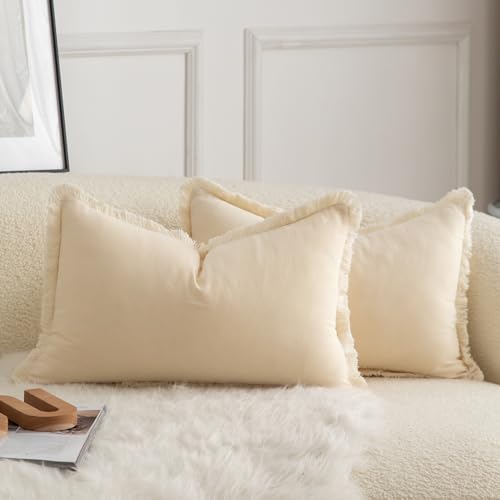 Mandioo 2er Set neutralen Baumwolle Quasten Kissenbezug 40x60cm Dekorative Kissenbezüge Dekokissen Boho Sofakissen Kissenhülle für Couch Sofa Schlafzimmer Wohnzimmer Heimdekoration Beige