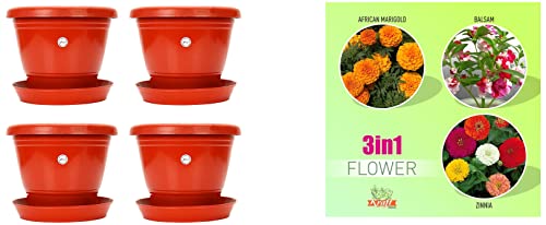 Image of Kraft Seeds Plastic Planter with Bottom Plate, Red, 7.5-inch , Pack of 4 & Summer Bloom Flower Seeds 3 Varieties in 1 Pack