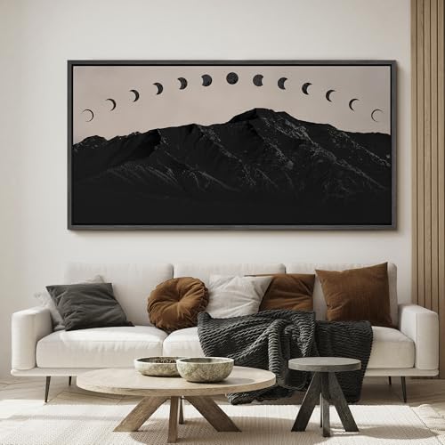 Image of MUDECOR Extra Large Framed Canvas Print Wall Art Black Mountain Silhouette with Moon Phases Minimalist Antique Retro Ready to Hang Painting for Living Room Bedroom Multi-Sizes - 60 inchx30 inch