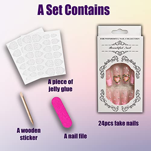 Qingge French Tip Press On Nails Long Coffin Fake Nails 3D Heart Glue On Nails Pink Rhinstone Pearl Acrylic Nails Tips Valentine Ballerina False Nails With Design Luxury Stick On Nails For Women #TOP2