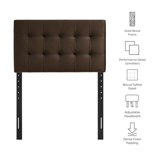 Image of Modway Lily Twin Size Stain-Resistant Performance Velvet Headboard in Chocolate Brown - Velvet Upholstery with Button Tufting and 4 Adjustable Height Positions