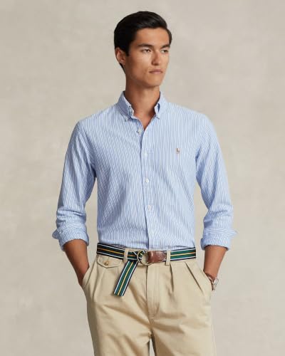 Image of POLO RALPH LAUREN Mens Classic Fit Plaid Oxford Long Sleeve Workshirt (US, Alpha, X-Large, Regular, Regular, Stripe Blue /White)