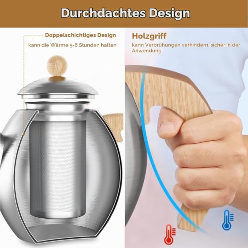 glastal Silberne Teekanne 1200 ml aus Edelstahl mit 18/8 Teesieb – Ansicht 3