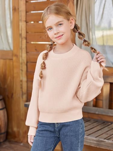 Image of Haloumoning Girls Knit Pullover Sweaters Mock Neck Long Lantern Sleeve Jumper Tops 5-14 Years
