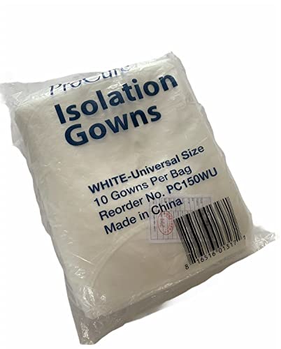 ProCure PC150WU - Procure Disposable Isolation Gowns 10-Count Longsleeve with Elastic Cuffs, Universal Size, White - Pack of 10 PPE Protective Isolation Gowns