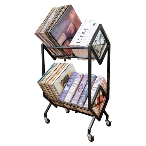 RANXFLOAT Vinyl Record Storage Rack, 2 Tier Record Organizer with Wheels, 200 LP Albums Storage Rack Shelf, Metal Records Display Shelf Organizer for Magazines, Books, Office Files, Black
