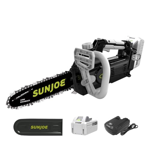 Sun Joe Cordless Chain Saw Machine, Battery and Charger, Wood Cutting Tool Kit, 10 Inch, 600W Motor - Heavy-Duty Trimming Equipment for Tree Trunks, Limbs, Logs, Brush, and Branches, 24V-10CS