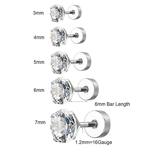 Stainless Steel Cubic Zirconia Stud Earrings Helix Cartilage Earrings Flat Back 3-7mm 5 Pairs3