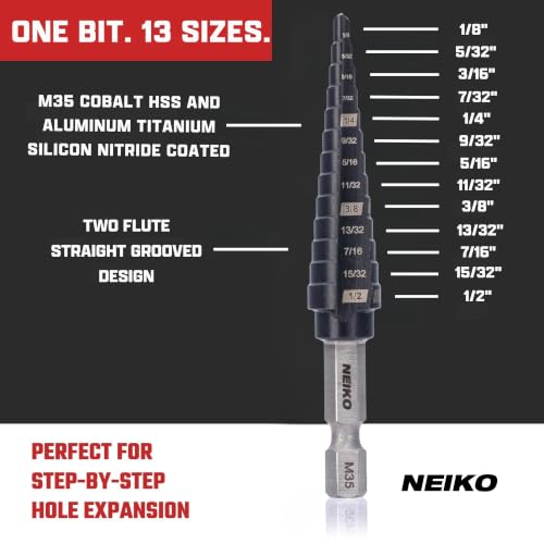 Image of NEIKO 10601B Step Drill Bit, 13 Steps 1 /8 inch to 1 /2 inch Straight M35 Cobalt, AlTiSiN Coated, 1 /4 inch Quick Change Step Bits for Steel, Metal, Wood, Plastic, Unibit Cone Drill Bits, Two Flute