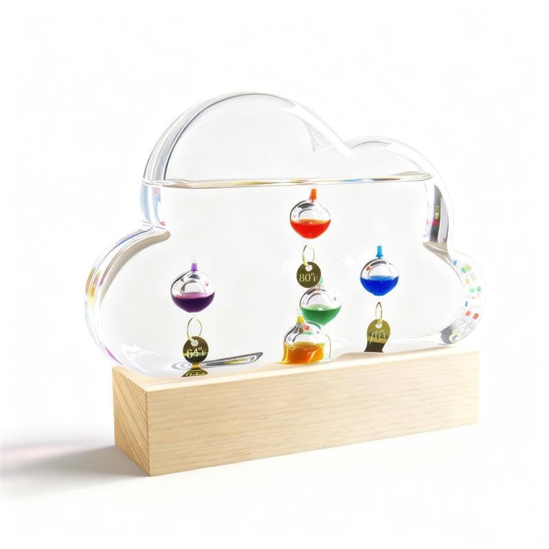 Lilys Home Galileo Glass Thermometer Indoor - 5 Multi Colored Spheres with Gold Tags - Temperature Range 64F-80F - Cloud Shaped Design - Ideal for Science Lovers Gifts Home Dcor