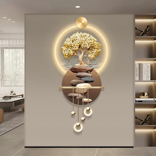 XQDYSG 3D Art Wall Decor with Light, Art 3D Decor Wall Sculptures LED Modern Home Decors Picture Walls Light Chinese, Plug-in Power Supply, Gold T, 23x53IN
