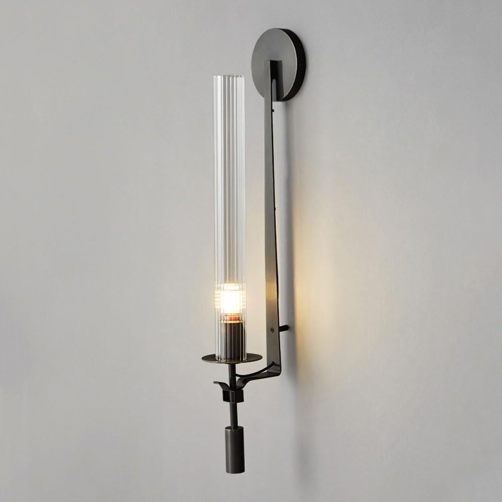 CWCQGH Long Tube Glass Wall Lamp, Modern Brass Wall Light, Cylindrical Copper Wall Sconce with Grooved Glass Shade. for Bedroom Bedside Study Stairs Hallway Kitchen Wall Mounted,Dark