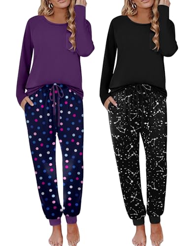 Image of Ekouaer 2 Pack Womens Pajama Sets Long Sleeve Pjs Soft Comfy Lounge Set