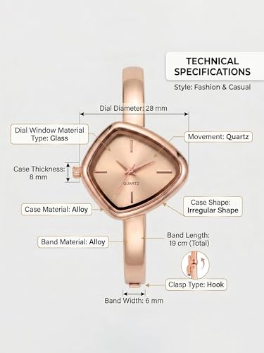 Image of Shocknshop Analog Triangle Dial Bangle Ladies Gold Tone Cuff Bracelet Strap Ladies Minimalist Quartz Watch for Woman -WCH192