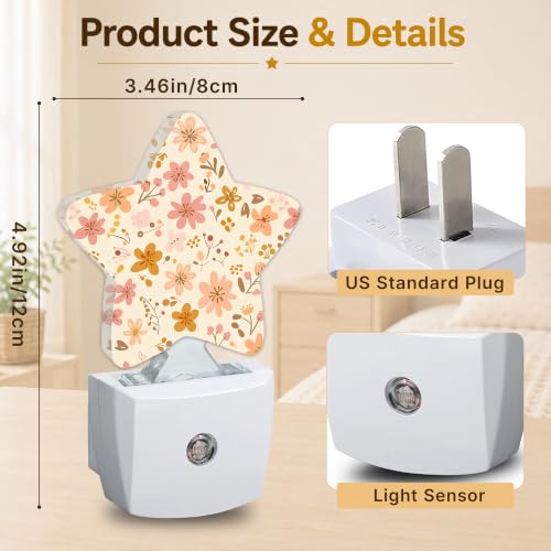 Image of Flowers Star Night Light Plug in, Decorative Night Light for Kids Room Nursery Bedroom, Soft Glow Sensor Lamp for Hallway Bathroom, Compact Energy Saving