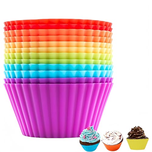 JUNEYE Lot de 12 mini moules à cupcakes réutilisables en silicone 7 x 3,5 x 4,5 cm, moules à muffins et cheesecake, moules de cuisson anti-adhésifs pour petits cupcakes, pudding, moule à chignon,