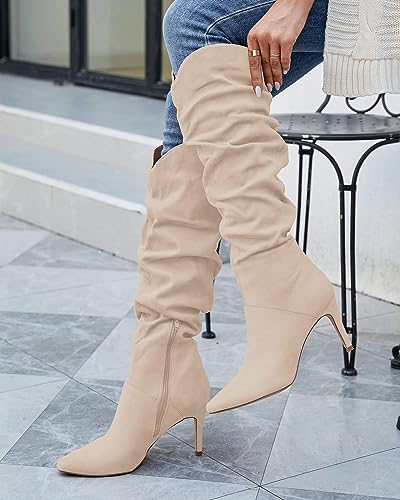 Coutgo Womens Knee High Boots Faux Suede Almond Toe Stiletto High Heel Slouchy Side Zipper Booties2