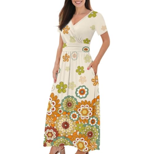 Image of Women's Fall Summer Short Sleeve Ankle Length V-Neck Party Dress with Pockets Size S-3XL