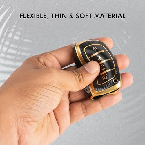Image of SHOPOFLUX TPU Leather Key Cover Compatible with Hyundai Alcazar and Creta Car 4 Button smart Key (Black Gold)