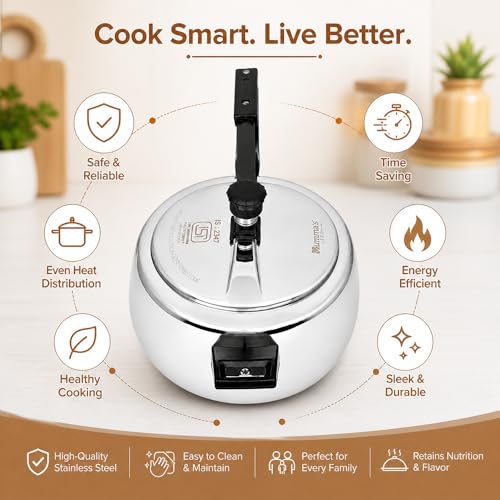 Image of Mumma's LIFE Cooker 5 Litres Stainless Steel | Heavy-Duty Silver Pressure Cooker with Inner Lid | Cool-Touch Handles | ISI Certified Lock System | Induction & Gas Stove Compatible