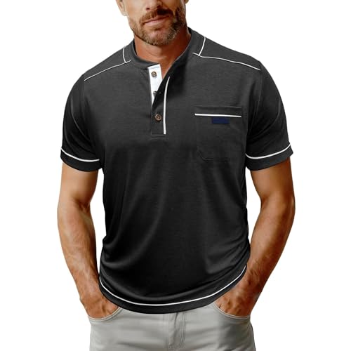 Polo de golf homme col rond boutonné d'été t-shirt henley chic à poche
