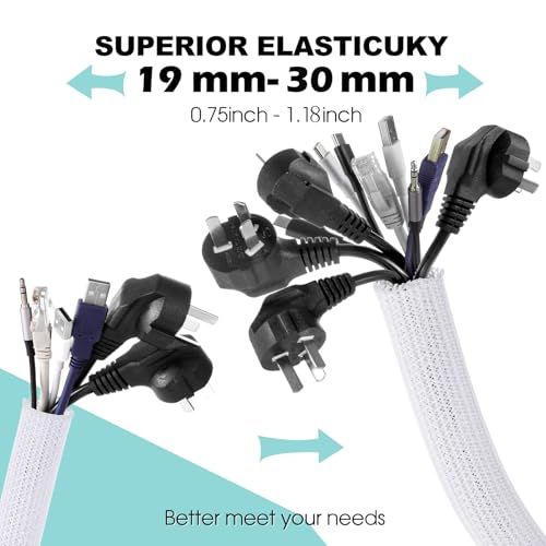 AGPTEK White Cable Sleeve Cover, 2 Pack 5ft - 1.2 inch Desk Cord Organizer Cable Hider, Home Office Wire Management Computer TV Wire Loom Tubing, Pet Proof Cord Protector, from Cat Dog Chewing, White - Image 4