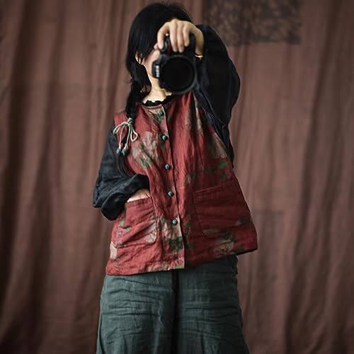 NFYM Womens Lightweight Linen Vest Handmade Knot Button Up Printed Sleeveless Blazer Jacket Tops with Pockets3