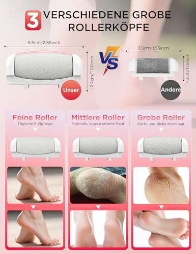 Hornhautentferner Elektrisch,Pediküre Set Fußpflege Elektrisch mit 3 Rollen,3 Gear USB Elektrischer Hornhautentferner mit Arbeitslicht für Hornhaut Entfernen fuß,Rissige Fersen,Tote Haut,Wasserdicht