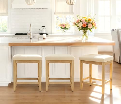 Image of RNKSFX Counter Height Bar Stools Set of 3 for Kitchen Counter Farmhouse Modern Backless Barstools with Faux Leather Upholstered Seat and Solid Wood Legs 24 inch Bar Chairs, Khaki + Wood Color