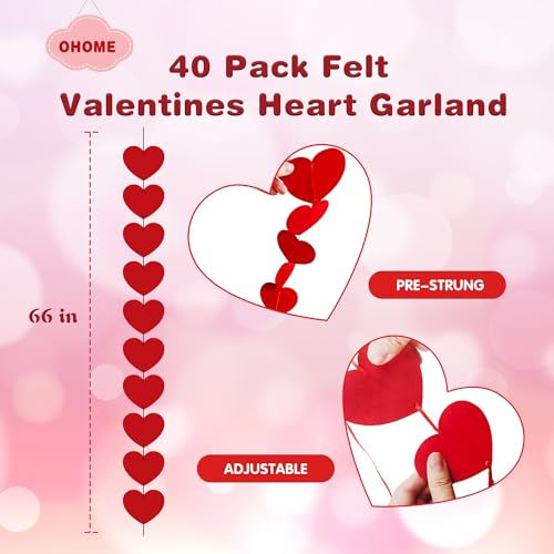 Image of OHOME Valentines Day Decorations - 40 Pack Red Felt Heart Hanging Banner Backdrop | Valentines Decor Party Supplies Favors for Wall Home Office - Galentines Day Decorations for School Classroom Outdoor Indoor