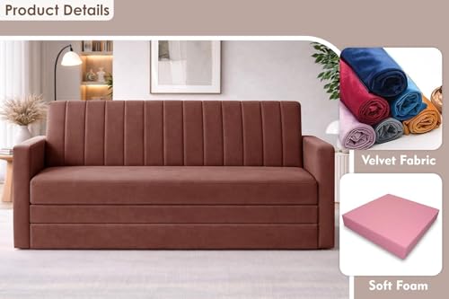 Image of Rosebell 3 Seater Foldable Sofa-Cum-Bed | 3-in-1 Convertible Couch with Armrest | Modern Fabric Sofa for Living Room, Bedroom & Office-Brown-Color