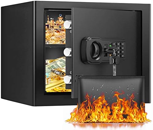 GHJGAGE Home Safe Box Fireproof Waterproof, 1.0 Cub Fireproof Safe with Fireproof Document Bag, Digital Keypad & LED Light, Small Safe Box for Money Firearm Documents Valuables