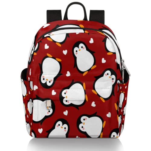 Linda mochila pequeña con diseño de corazón de pingüino y dibujos animados para niñas, mujeres, adolescentes, niños, escuela, viajes, casual, bolso de hombro, mochila, multicolor, Small Cover