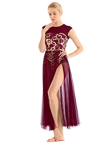 JanJean Womens Lyrical Floral Sequin Tank Leotard Maxi Dress Contemporary Ballet Dance Dress Wine_Red XL - Thumbnail 7