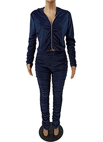 Annystore Velvet Sweatsuit For Women 2 Piece Outfit Fall Zip Up Hoodie Sweatshirt Stacked Pants Legging Set Clubwear Dark Blue 3Xl #TOP4