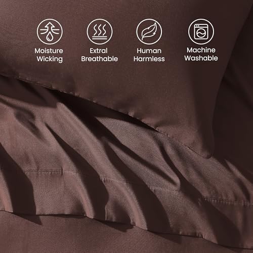 SLEEP ZONE Nanotex Super Soft Cooling Queen Bed Sheets Set 4 Piece - Easy Care Fitted Flat Sheet & Pillowcase Sets - Wrinkle Free, Fade Resistant, Deep Pocket 16" (Brown, Queen)