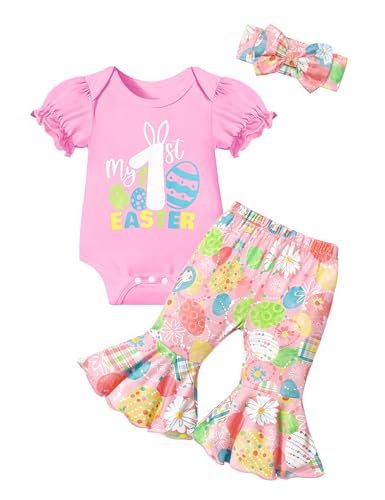 Image of ADIFUN Baby Girl Clothes,4pcs Infant Newborn Girl Outfits Ruffle Romper Baby Bell Bottoms Headband Bandana Clothes Sets Gifts