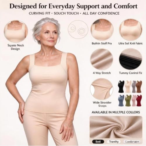 Viral Tank Top with Built in Bra for Older Women Wide Strap Camisole | Tank Tops with Built-in Bra Shelf Bra, Soft Breathable Vest Underwear Padded Seamless Wireless Support Tops Shaper Shirts — view 3
