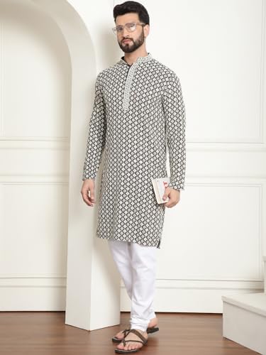 Image of SOJANYA (Since 1958 Men's Cotton Gold Embroidered Sequinned Kurta With white churidar Pyjama