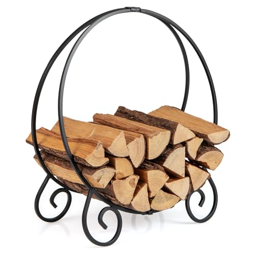COSTWAY Leñero Plegable Interior y Exterior, 59 x 27 x 64 cm, Soporte para Leña de Metal Macizo, Cesta de Leña Curvada para Chimenea, Capacidad Máxima de 270 kg, para Patio, Terraza, Porche, Negro