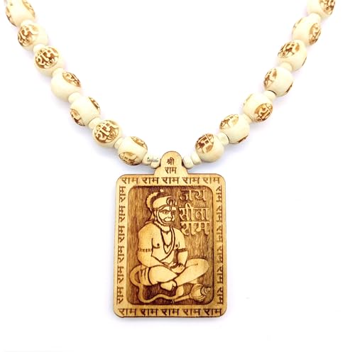 Women Wooden Carving Shree Bageshwar Balaji Dham Hanuman Ji Handmade Locket With Ram Carving And Tulsi Beads Mala