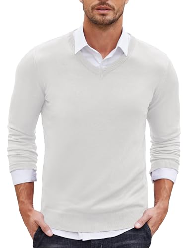 COOFANDY Pull Col V Homme Basique Chemise à Manches Longues Business Tricoté Automne Hauts Blanc Pur L