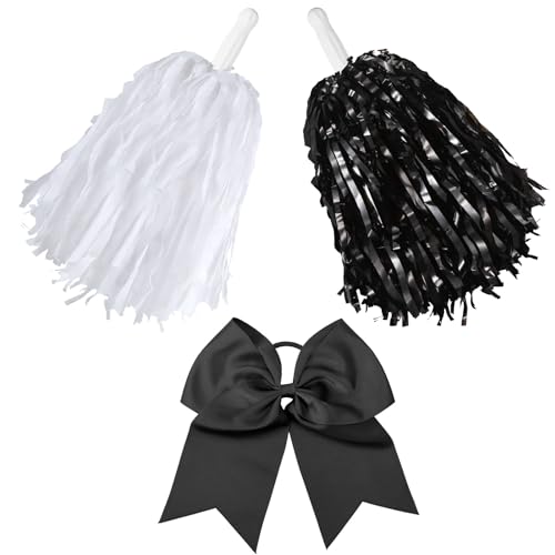 Hanaive 3 Pcs Cheerleading Pom Poms Bow Set,Black White,Classic Matte