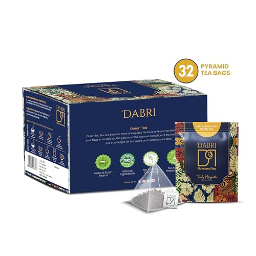 Image of Dabri Kashmiri Kahwa Green Tea 32 Pyramid Dip Tea Bags|Natural Ingredients & Original Flavour of kesar|Blended with Saffron, Almonds, Spices|Fastens Metabolism, Improves Digestion & Blood Circulation