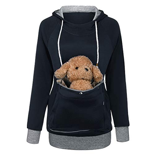 Alueeu Damen Hoodie mit Katzentasche, Kapuzenpullover Jumper mit Katzen Hund Tasche Langarm Sweatshirt mit Kapuze Kapuzenpulli mit Kängurutasche Atmungsaktive Top Herbst Winter Hoody