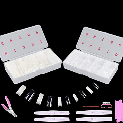 yinhua French False Nails 1000Pcs, Clear Natural False Nail Artificial Acrylic Nails 10 Sizes, with Acrylic Nail Clipper and Full Nail Kit for Nail Art DIY, Home Salon Use