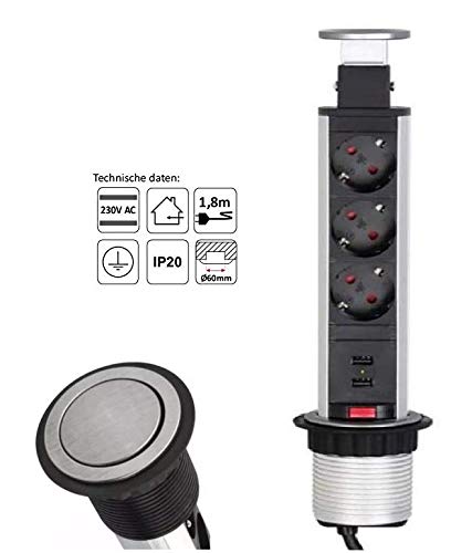Versenkbare Einbausteckdose mit Kabel/Stecker 3er Schuko + 2x USB Edelstahl Optik Steckdose Tischsteckdose versenkbar Schreibtisch Stromdose Energiestation